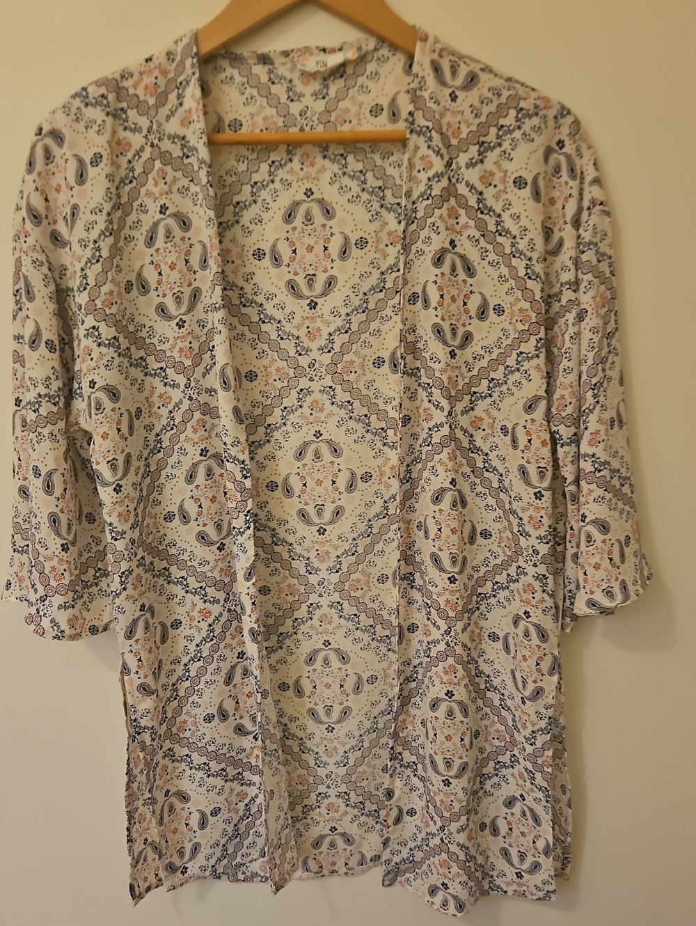 Pink Rose White Floral Paisley Open Cardigan with Navy and Peach Accents